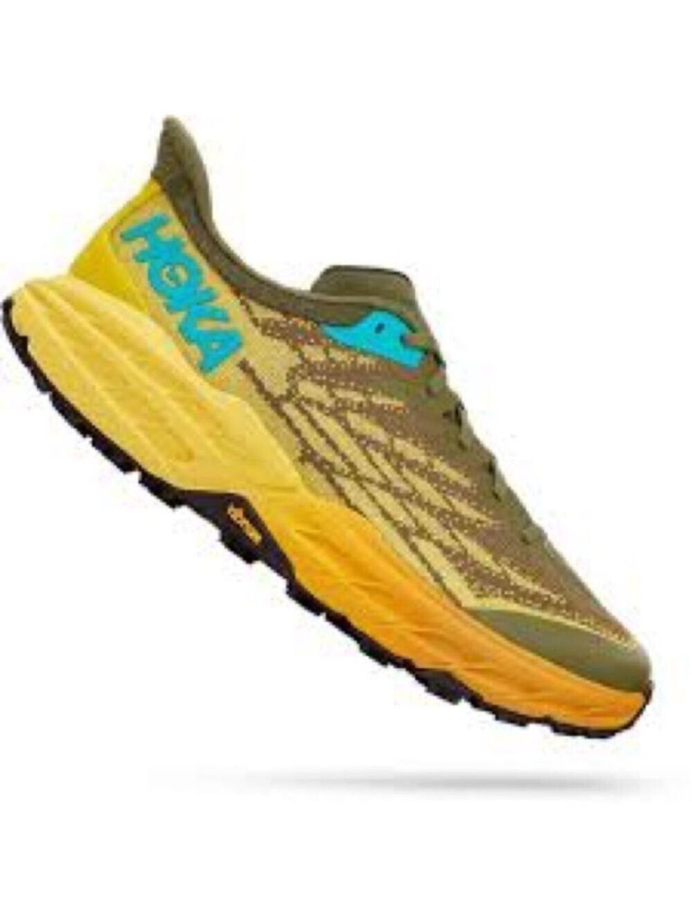 Hoka One One Men's Speedgoat 5 Sneakers in
Avocado/Passion Fruit. Size 8D